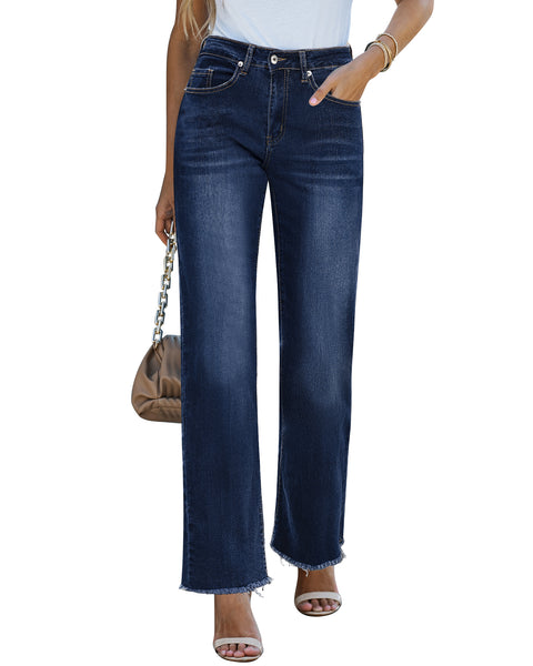 GRAPENT Straight Leg Jeans for Women High Waisted Stretchy Frayed Raw Hem Loose Denim Pants Casual Baggy Jean Trousers