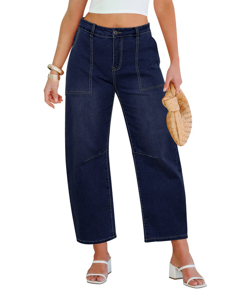 GRAPENT Barrel Jeans for Women High Waisted Trendy Wide Leg Baggy Ankle Length Stretchy Denim Trouser Jeans with Pockets