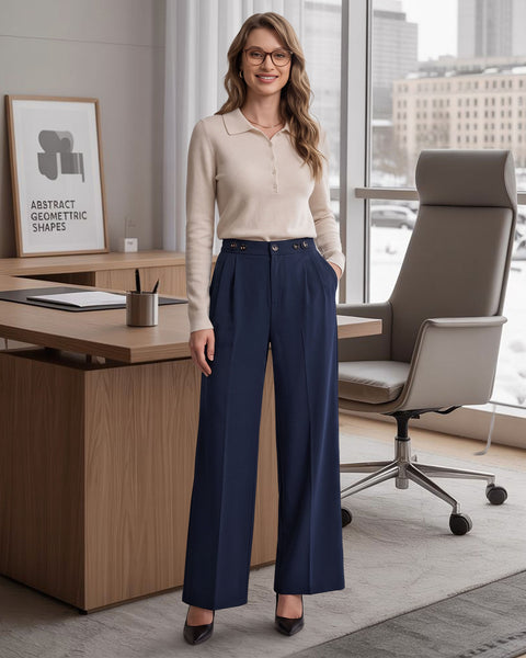 GRAPENT Business Casual Pants for Women Wide Leg Elastic Waist Work Trouser | Straight Wide Leg Dressy Casual Pants, High Waisted, Elastic Back Waist, Front Pleated, Cinched Waist, Work Office Outfits