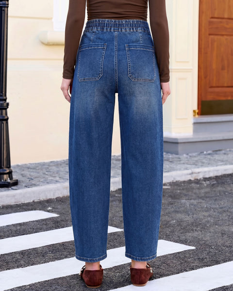 GRAPENT Barrel Jeans for Women High Waisted Elastic Waist Baggy Denim Pants | Barrel Leg, Ankle Length, Stretchy Drawstring Jeans, High Rise Fit, 27.5" Inseam, Front Patch Pockets, Dressy Casual Outfits
