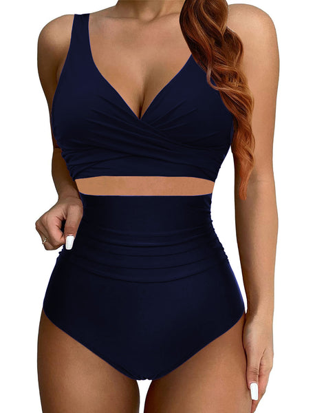 GRAPENT High Waisted Bikini Sets for Women Twist Front Tie Back 2 Piece Bathing Suit V Neck Ruched Swimsuits Bikinis