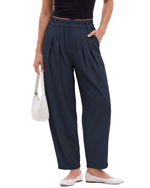 GRAPENT Dress Barrel Pants Women High Waisted Tapered Ankle Work Trousers Elastic Waist with Button-zip Closure, Pleated, 27" Inseam, 4 Pockets, Slacks for Women Business Casual, Work Office Outfits