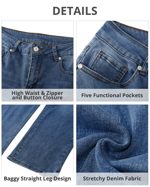 GRAPENT Jeans for Women Trendy High Waisted Baggy Straight Leg Stretchy Denim Ankle Pants Cropped Jeans with Pockets