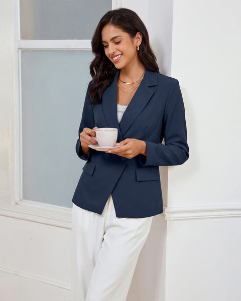 GRAPENT Blazers for Women Business Casual Double Breasted Suit Jackets Notch Collar, Long Sleeves with Button Cuffs, Flap Pockets, Shoulder Pads, Dressy Casual Fitted Outfits, Work Office Wear