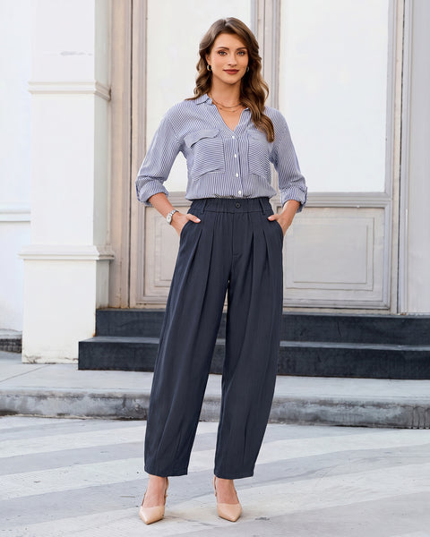 GRAPENT Dress Barrel Pants Women High Waisted Tapered Ankle Work Trousers Elastic Waist with Button-zip Closure, Pleated, 27" Inseam, 4 Pockets, Slacks for Women Business Casual, Work Office Outfits