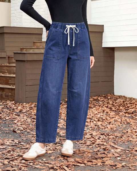 GRAPENT Jeans for Women Baggy Barrel Elastic Waist Stretchy Denim Pants | Barrel Wide Leg Jean Pants, High Waisted, Drawstring, Pull On, Ankle Length, 27.5" Inseam, Side Seams, Dressy Casual Outfits