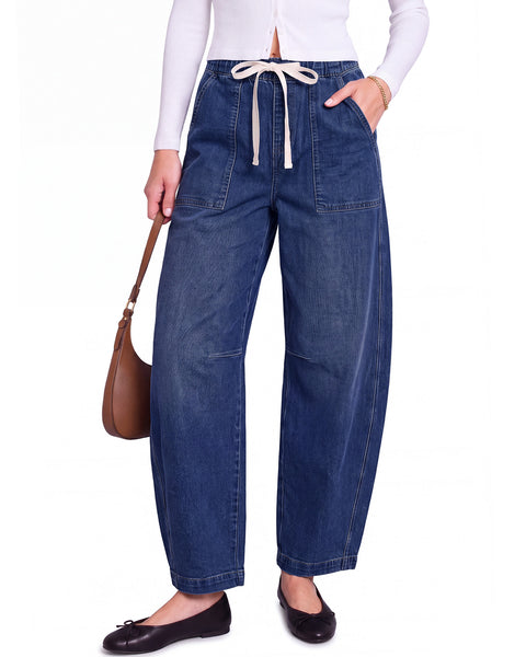GRAPENT Jeans for Women Baggy Barrel Elastic Waist Stretchy Denim Pants | Barrel Wide Leg Jean Pants, High Waisted, Drawstring, Pull On, Ankle Length, 27.5" Inseam, Side Seams, Dressy Casual Outfits