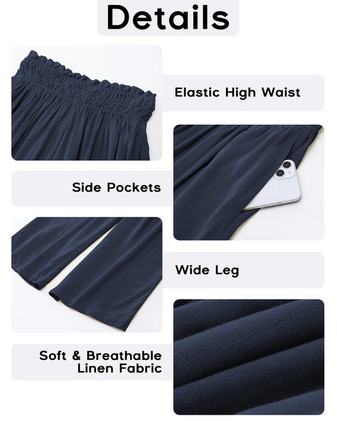 GRAPENT Capri Pants for Women High Waisted Wide Leg Linen Palazzo Trousers Pull On Elastic Smock Waist Loose Flowy Pants