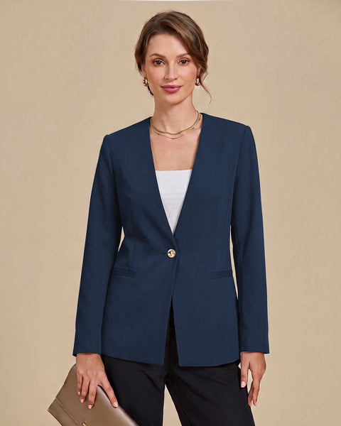 GRAPENT Blazers for Women Dressy Casual Collarless Long Sleeves Suit Jacket Blazers for Women Business Casual, Fully Lined, Shoulder Pads, Single Button, Two Pockets, Work Casual Wear, Interview Outfit