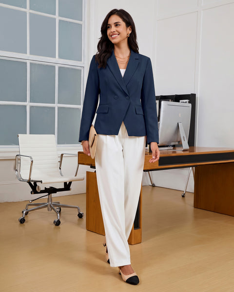 GRAPENT Blazers for Women Business Casual Double Breasted Suit Jackets Notch Collar, Long Sleeves with Button Cuffs, Flap Pockets, Shoulder Pads, Dressy Casual Fitted Outfits, Work Office Wear