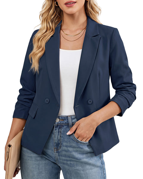 GRAPENT Blazers for Women Business Casual Double Breasted Suit Jackets Notch Collar, Long Sleeves with Button Cuffs, Flap Pockets, Shoulder Pads, Dressy Casual Fitted Outfits, Work Office Wear