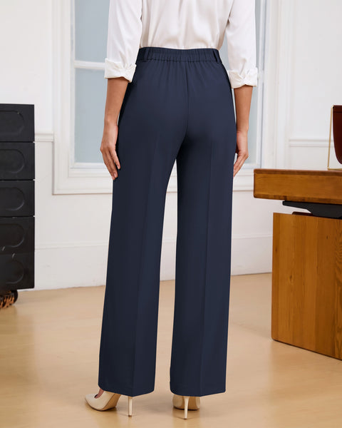 GRAPENT Business Casual Pants for Women Wide Leg Elastic Waist Work Trouser | Straight Wide Leg Dressy Casual Pants, High Waisted, Elastic Back Waist, Front Pleated, Cinched Waist, Work Office Outfits