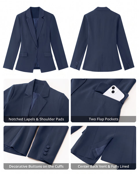 GRAPENT Womens Blazers Dressy Casual Long Sleeve Work Office Suit Jackets Notched Lapel, Shoulder Pads, Single Button, Two Pockets, Open Quarters, Back Slit, Casual Work Wear, Business Casual Outfits