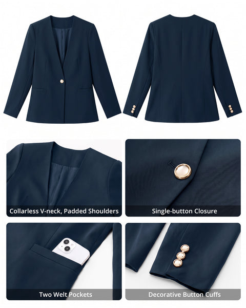 GRAPENT Blazers for Women Dressy Casual Collarless Long Sleeves Suit Jacket Blazers for Women Business Casual, Fully Lined, Shoulder Pads, Single Button, Two Pockets, Work Casual Wear, Interview Outfit