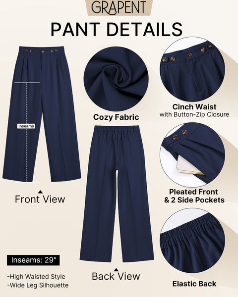 GRAPENT Business Casual Pants for Women Wide Leg Elastic Waist Work Trouser | Straight Wide Leg Dressy Casual Pants, High Waisted, Elastic Back Waist, Front Pleated, Cinched Waist, Work Office Outfits