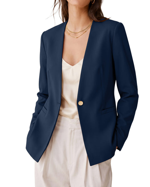 GRAPENT Blazers for Women Dressy Casual Collarless Long Sleeves Suit Jacket Blazers for Women Business Casual, Fully Lined, Shoulder Pads, Single Button, Two Pockets, Work Casual Wear, Interview Outfit