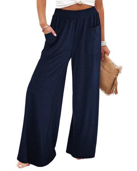 GRAPENT Wide Leg Pants for Women High Wasited Baggy Palazzo Pants Casual Pull On Bell Bottom Smocked Elastic Waist Pants