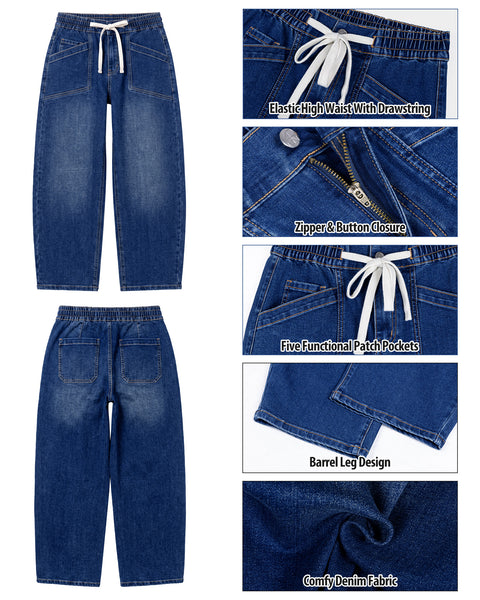 GRAPENT Barrel Jeans for Women High Waisted Elastic Waist Baggy Denim Pants | Barrel Leg, Ankle Length, Stretchy Drawstring Jeans, High Rise Fit, 27.5" Inseam, Front Patch Pockets, Dressy Casual Outfits
