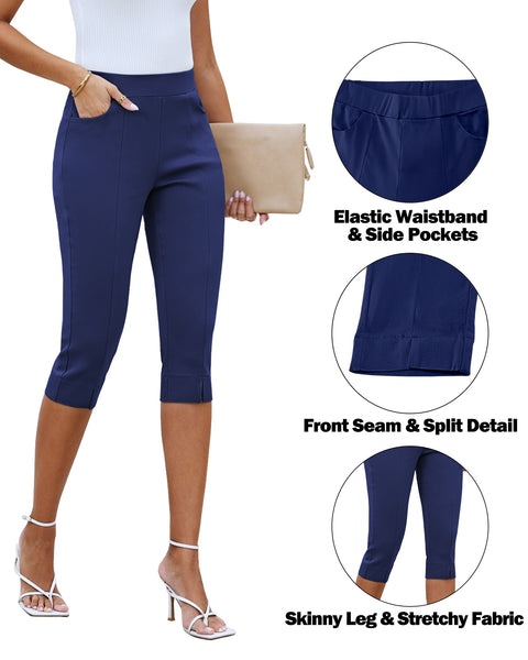 GRAPENT Capri Pants for Women High Waisted Pull On Elastic Waist Dressy Casual Stretchy Capris Trousers Pants Pockets