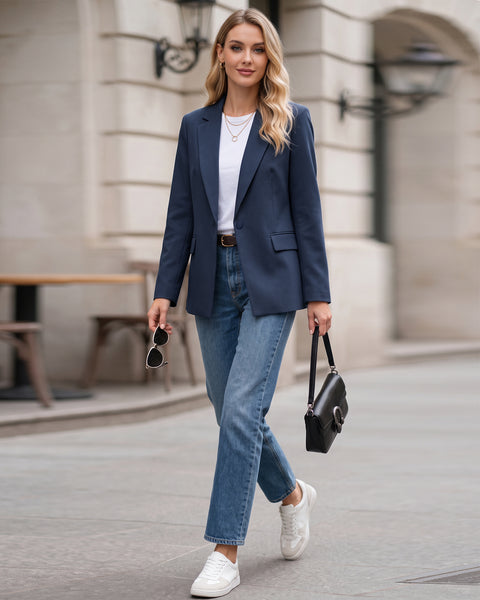 GRAPENT Womens Blazers Dressy Casual Long Sleeve Work Office Suit Jackets Notched Lapel, Shoulder Pads, Single Button, Two Pockets, Open Quarters, Back Slit, Casual Work Wear, Business Casual Outfits