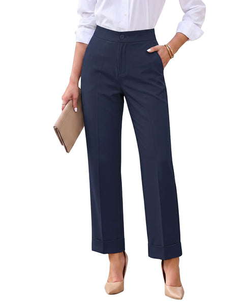 GRAPENT Dress Pants Women Ankle Straight Leg Business Casual Work Trousers Office Pants, Cuffed Hem, High Waisted, Elastic Back Waist, Stretchy Dressy Casual Slacks, Work Wear, Business Casual Outfits