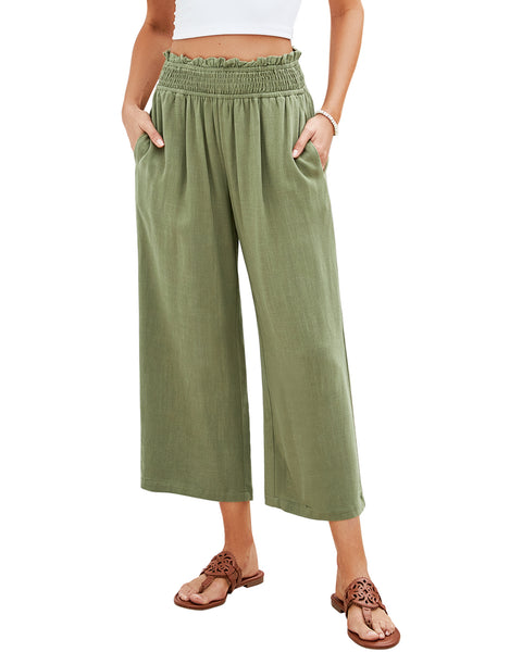 GRAPENT Capri Pants for Women High Waisted Wide Leg Linen Palazzo Trousers Pull On Elastic Smock Waist Loose Flowy Pants