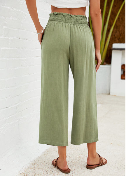 GRAPENT Capri Pants for Women High Waisted Wide Leg Linen Palazzo Trousers Pull On Elastic Smock Waist Loose Flowy Pants