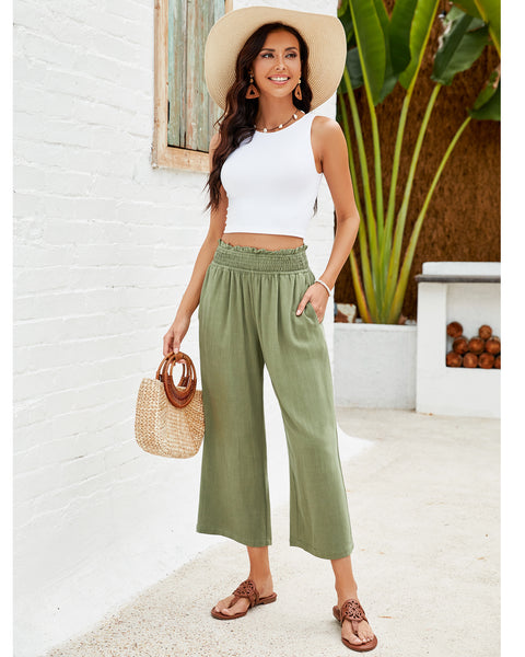 GRAPENT Capri Pants for Women High Waisted Wide Leg Linen Palazzo Trousers Pull On Elastic Smock Waist Loose Flowy Pants