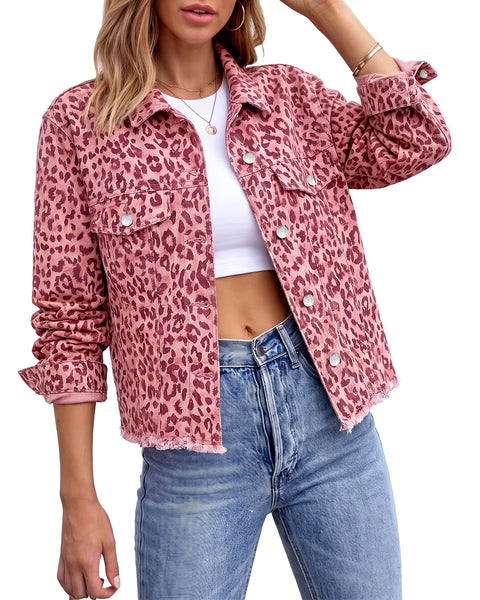 GRAPENT Leopard Jean Jacket Women Cheetah Print Stretchy Frayed Hem Jackets Long Sleeve, Turn-Down Collar, Button Up Denim Jackets, Animal Print, Raw Hem, Four Pockets, Casual Daily Wear, Fall Outfits