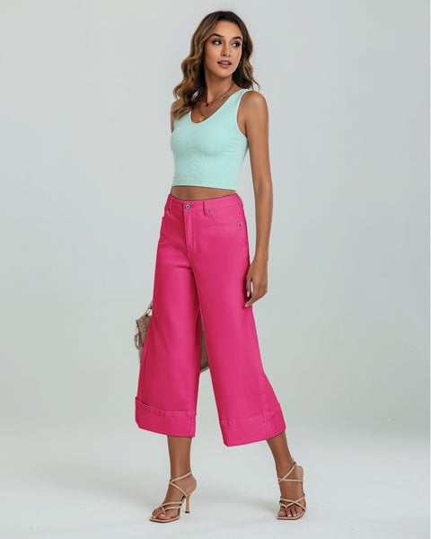 GRAPENT Wide Leg Jeans for Women High Waisted Stretchy Denim Capri Pants Fold Hem Cropped Baggy Capris Jeans with Pocket