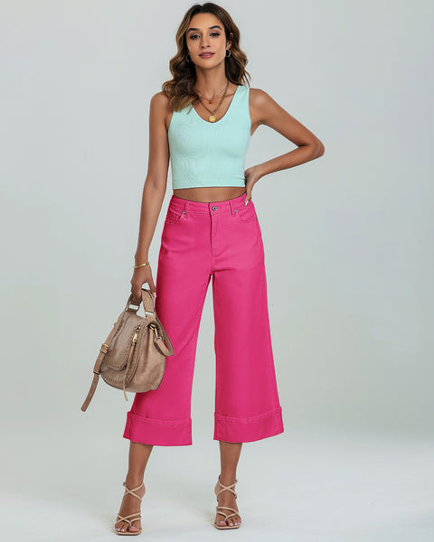 GRAPENT Wide Leg Jeans for Women High Waisted Stretchy Denim Capri Pants Fold Hem Cropped Baggy Capris Jeans with Pocket