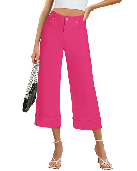 GRAPENT Wide Leg Jeans for Women High Waisted Stretchy Denim Capri Pants Fold Hem Cropped Baggy Capris Jeans with Pocket