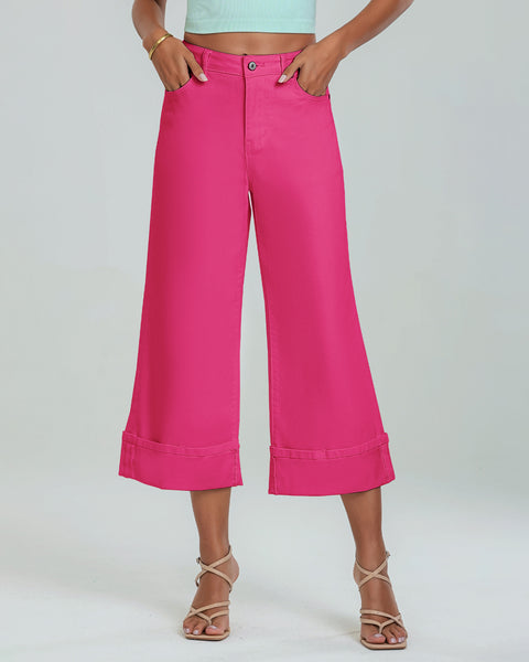 GRAPENT Wide Leg Jeans for Women High Waisted Stretchy Denim Capri Pants Fold Hem Cropped Baggy Capris Jeans with Pocket