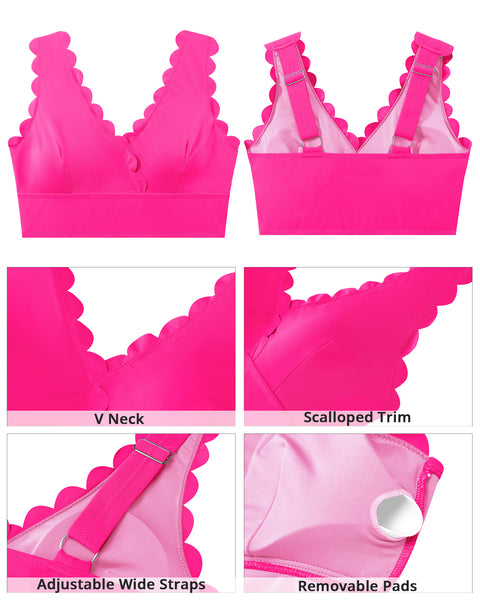 GRAPENT StrapCore Bikini Tops for Women Scalloped Bathing Suit Beach Padded Adjustable Cropped Tankini Swimwear Swim Top Only
