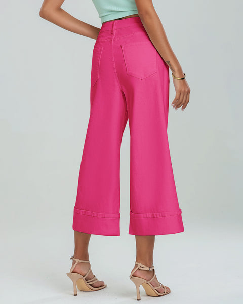 GRAPENT Wide Leg Jeans for Women High Waisted Stretchy Denim Capri Pants Fold Hem Cropped Baggy Capris Jeans with Pocket