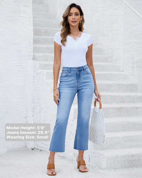 GRAPENT Women's High Waisted Flared Cropped Jeans Raw Hem Denim Pants