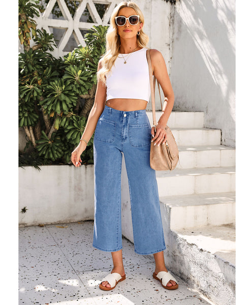 GRAPENT Wide Leg Jeans for Women High Waisted Straight Leg Stretchy Cropped Denim Pants with Pockets Jean Trousers