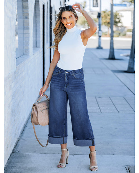 GRAPENT Wide Leg Jeans for Women High Waisted Stretchy Denim Capri Pants Fold Hem Cropped Baggy Capris Jeans with Pocket