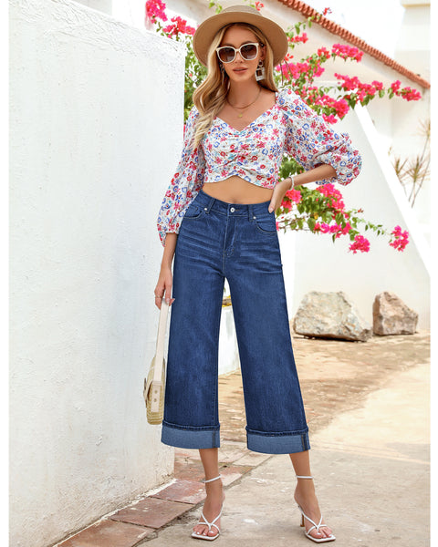 GRAPENT Wide Leg Jeans for Women High Waisted Stretchy Denim Capri Pants Fold Hem Cropped Baggy Capris Jeans with Pocket