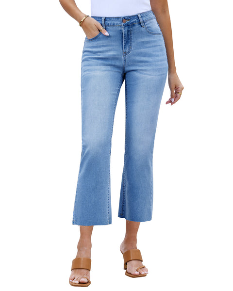 GRAPENT Women's High Waisted Flared Cropped Jeans Raw Hem Denim Pants