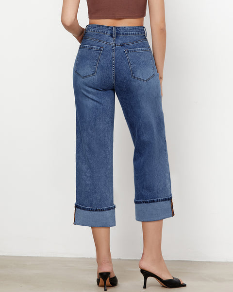 GRAPENT Wide Leg Jeans for Women High Waisted Stretchy Denim Capri Pants Fold Hem Cropped Baggy Capris Jeans with Pocket