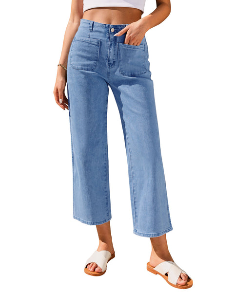 GRAPENT Wide Leg Jeans for Women High Waisted Straight Leg Stretchy Cropped Denim Pants with Pockets Jean Trousers