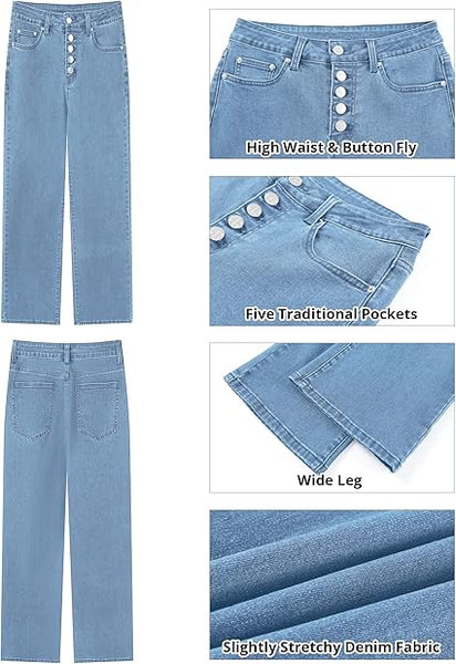 GRAPENT Wide Leg Jeans for Women High Waisted Trendy Button Fly Stretchy Denim Pants Vintage Straight Leg Trouser Jeans