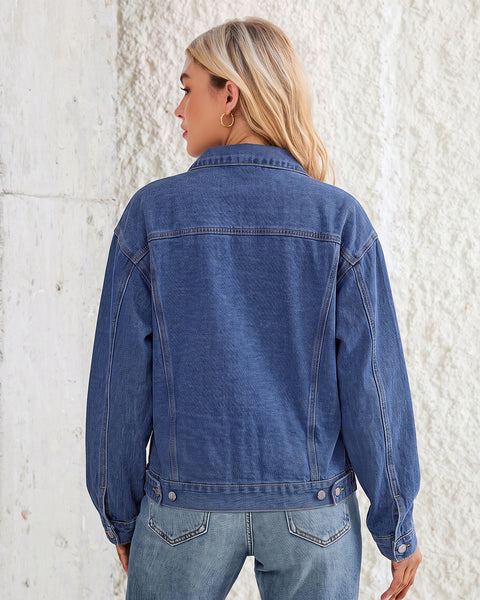 GRAPENT Jean Jacket Women Trendy Button Up Classic Oversized Denim Jackets Loose Fit, Side Seam Tabs for Adjustable Fit, Functional Pockets, Denim Trucker Jackets, Work Casual Oufits, Weekend Outings