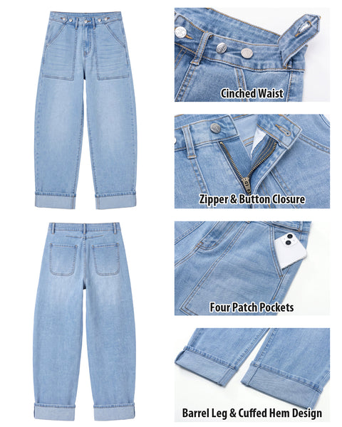 GRAPENT Barrel Jeans Women Cinched High Waisted Cuffed Stretchy Denim Pants Cropped Baggy Wide Leg Jeans, 27 Inch Inseam, Adjustable Cinched Waist, Big Pockets, Work Office Outfits, Casual Daily Wear