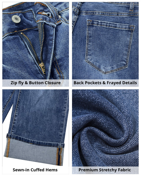 GRAPENT Wide Leg Jeans for Women High Waisted Stretchy Denim Capri Pants Fold Hem Cropped Baggy Capris Jeans with Pocket