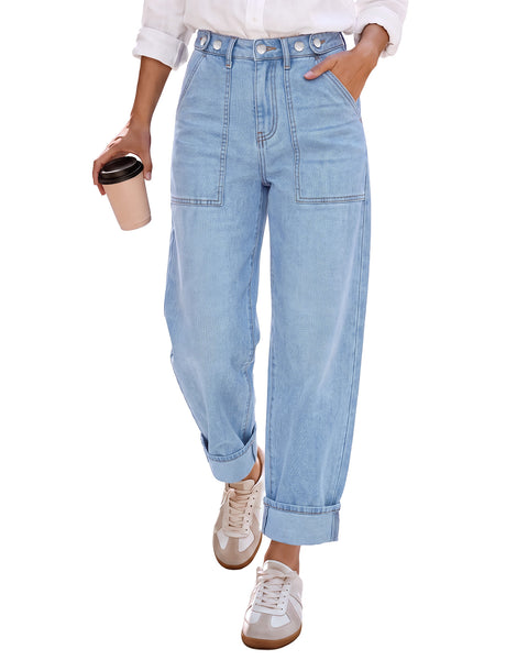 GRAPENT Barrel Jeans Women Cinched High Waisted Cuffed Stretchy Denim Pants Cropped Baggy Wide Leg Jeans, 27 Inch Inseam, Adjustable Cinched Waist, Big Pockets, Work Office Outfits, Casual Daily Wear