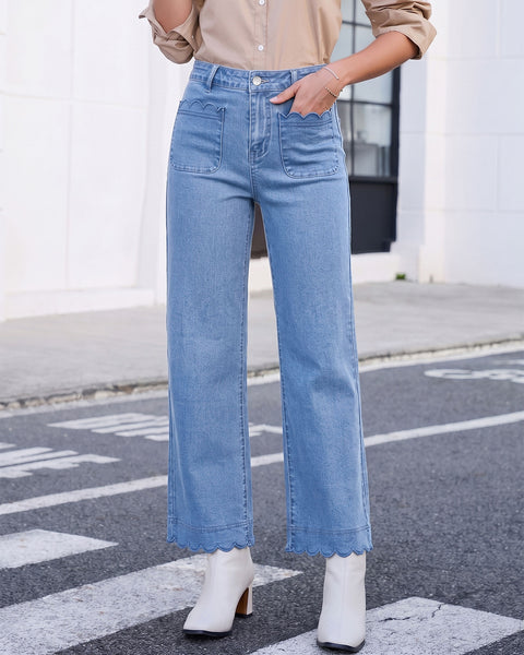 GRAPENT Jeans for Women Scalloped Straight Leg Ankle Stretchy Denim Pants | Straight Wide Leg Jeans, High Waisted, 27.5" Inseam, Patched Pockets, Cute Scalloped Design, Work Office, Dressy Casual Wear