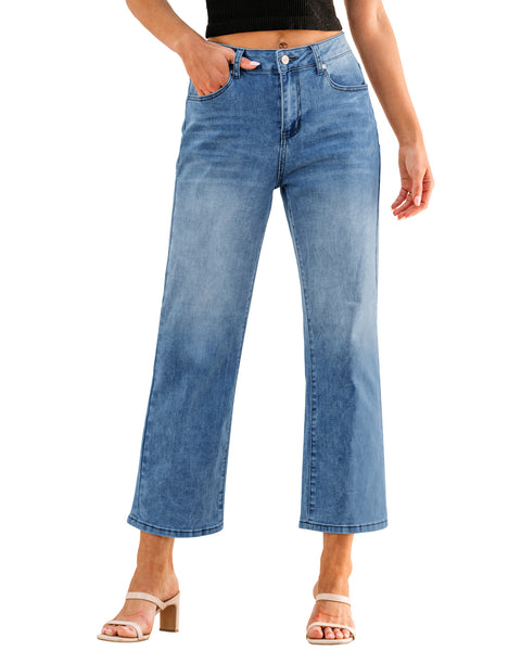 GRAPENT Jeans for Women Trendy High Waisted Baggy Straight Leg Stretchy Denim Ankle Pants Cropped Jeans with Pockets