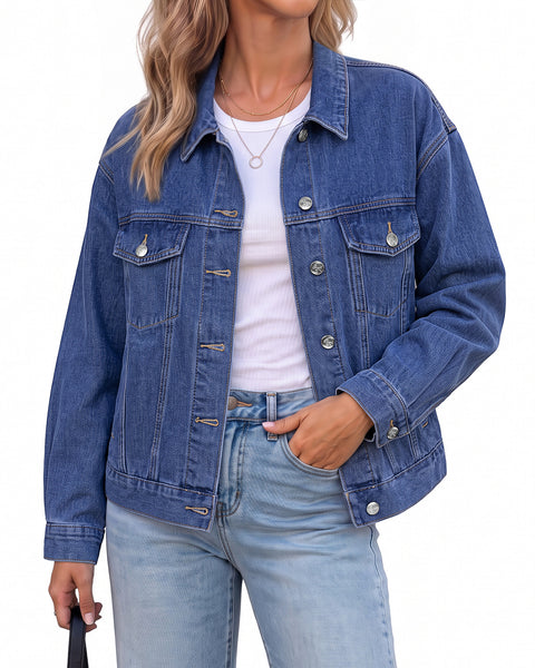 GRAPENT Jean Jacket Women Trendy Button Up Classic Oversized Denim Jackets Loose Fit, Side Seam Tabs for Adjustable Fit, Functional Pockets, Denim Trucker Jackets, Work Casual Oufits, Weekend Outings